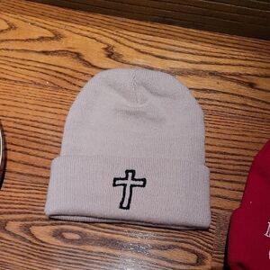 Gray Beanie with Cross Embroidery